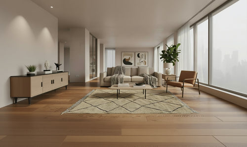 beni ourain rug in Modern living room with beige sofa, armchair, and coffee table in a well-lit room.