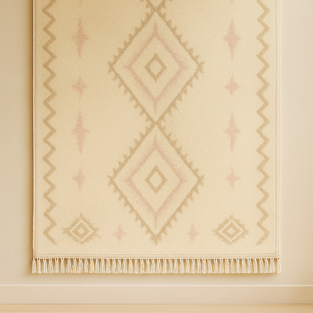 Beige patterned rug on a beige wall