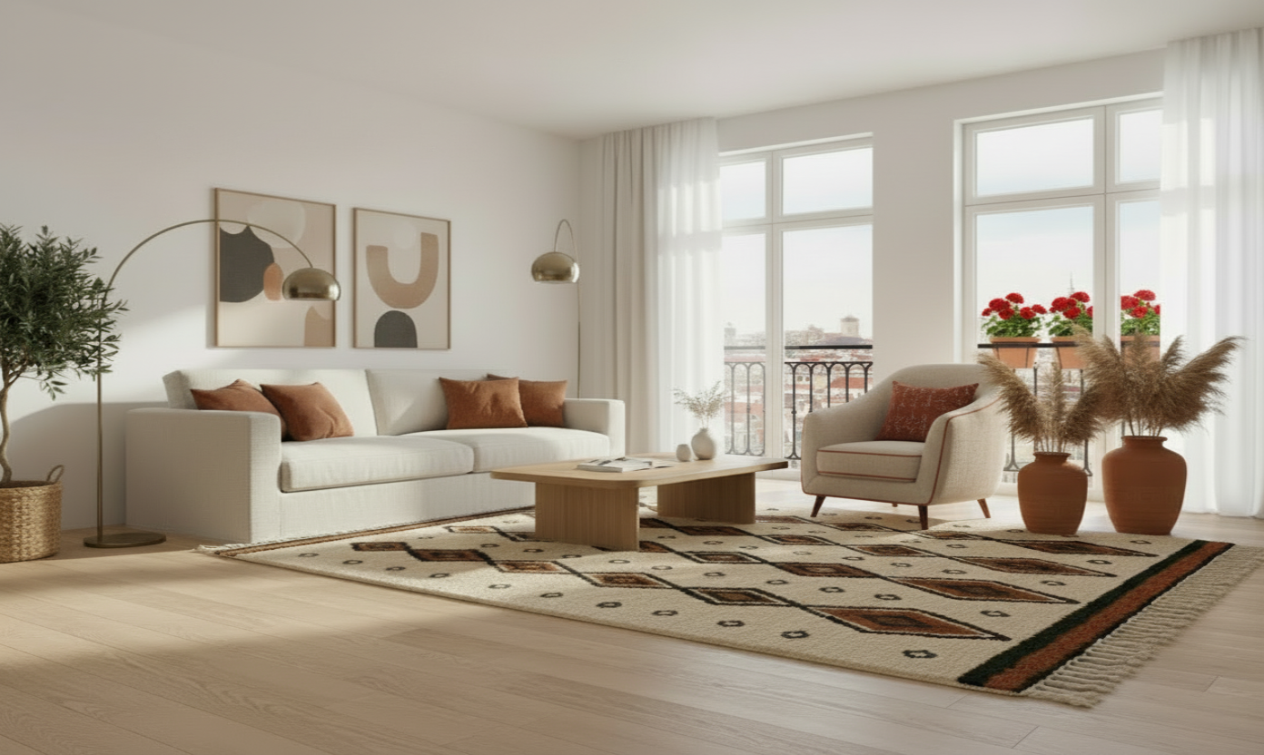 Modern living room with a white sofa, coffee table, and decorative elements.