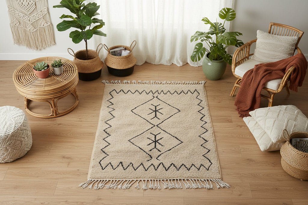 Beige  revisited beni ouraian rug with black geometric patterns in a modern appartement