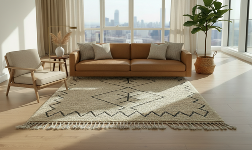 Modern living room with a brown sofa, beni ourain  rug, and large windows.