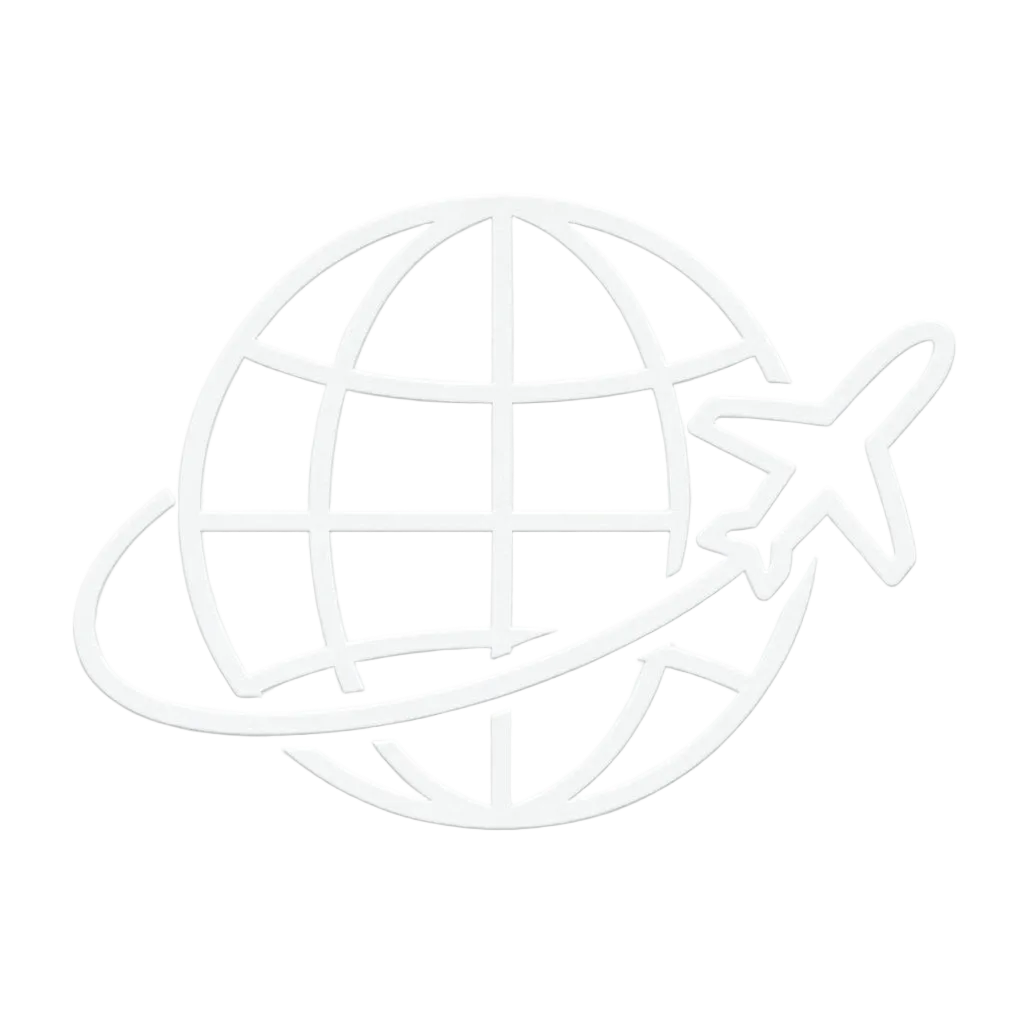 A minimalist line icon of a globe with a ring around it and an airplane passing through, rendered in muted green on a white background.