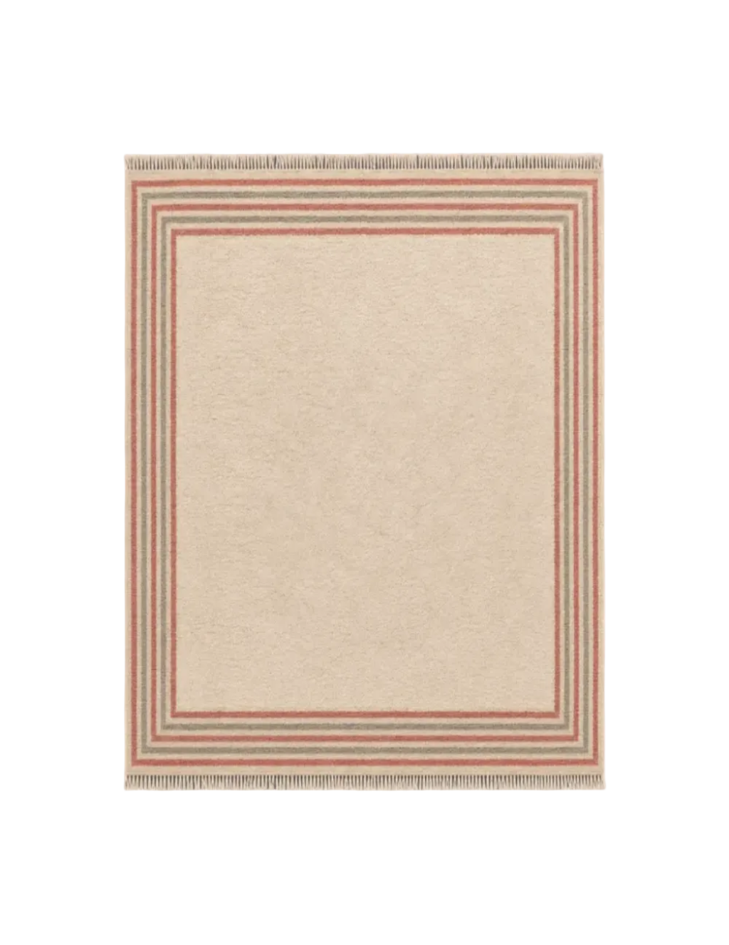 A square woven rug with a wide cream center and a striped border in muted terracotta, gray, and beige, finished with short fringe on all sides, shown on a plain gray background.
