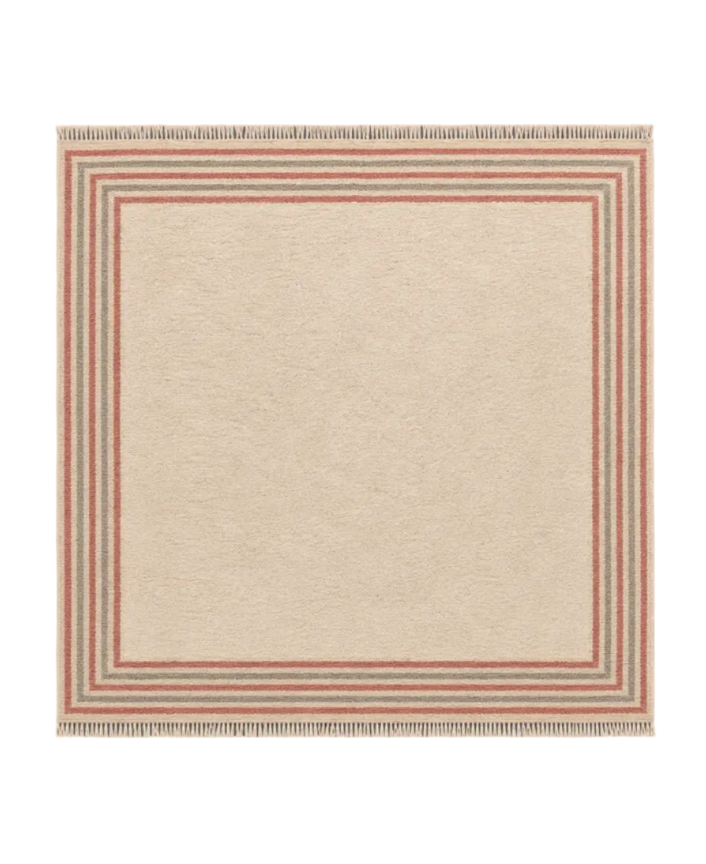 A square woven rug with a wide cream center and a striped border in muted terracotta, gray, and beige, finished with short fringe on all sides, shown on a plain gray background.