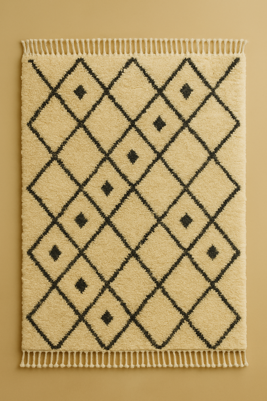 Natural wool beni ourain rug with black diamond pattern, black dots on a beige background